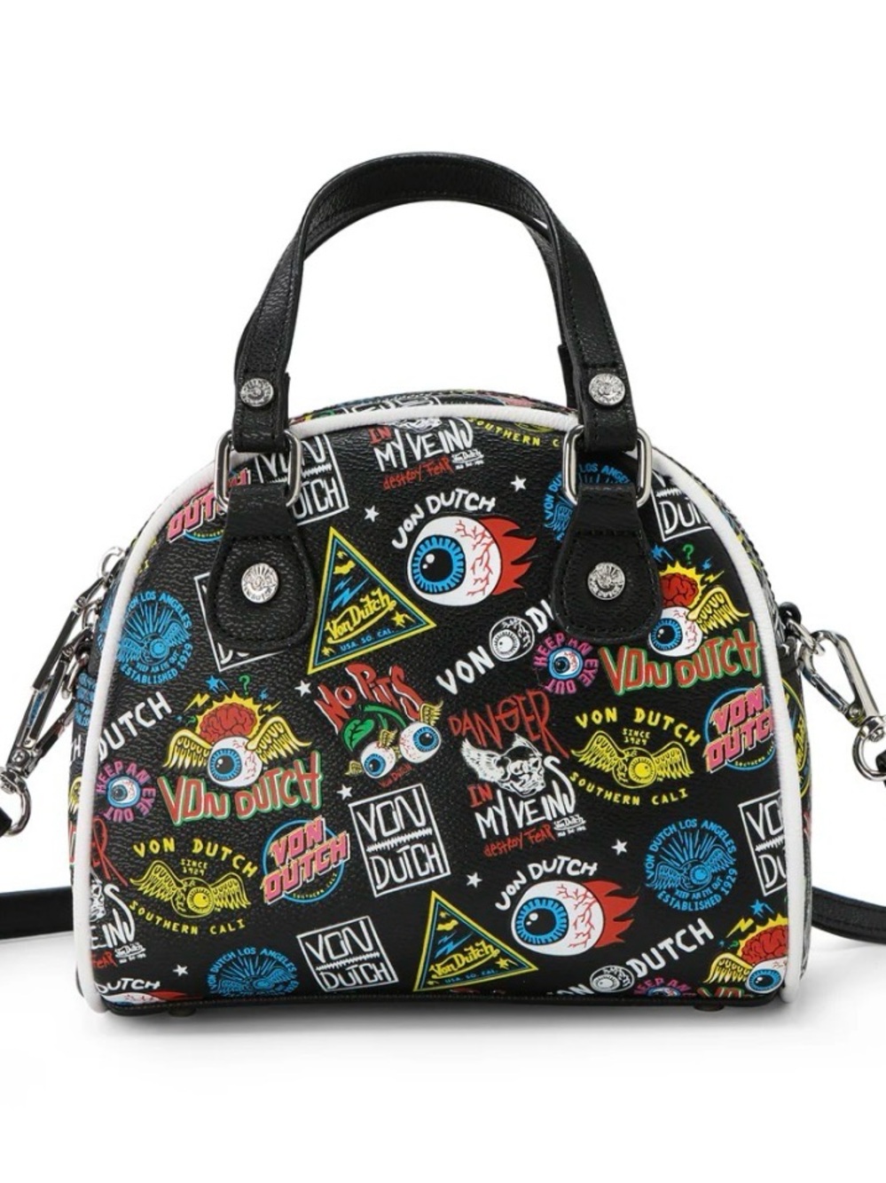 Von Dutch Jax Bowler Bag – Black Graffiti Logo Print Y2K Satchel